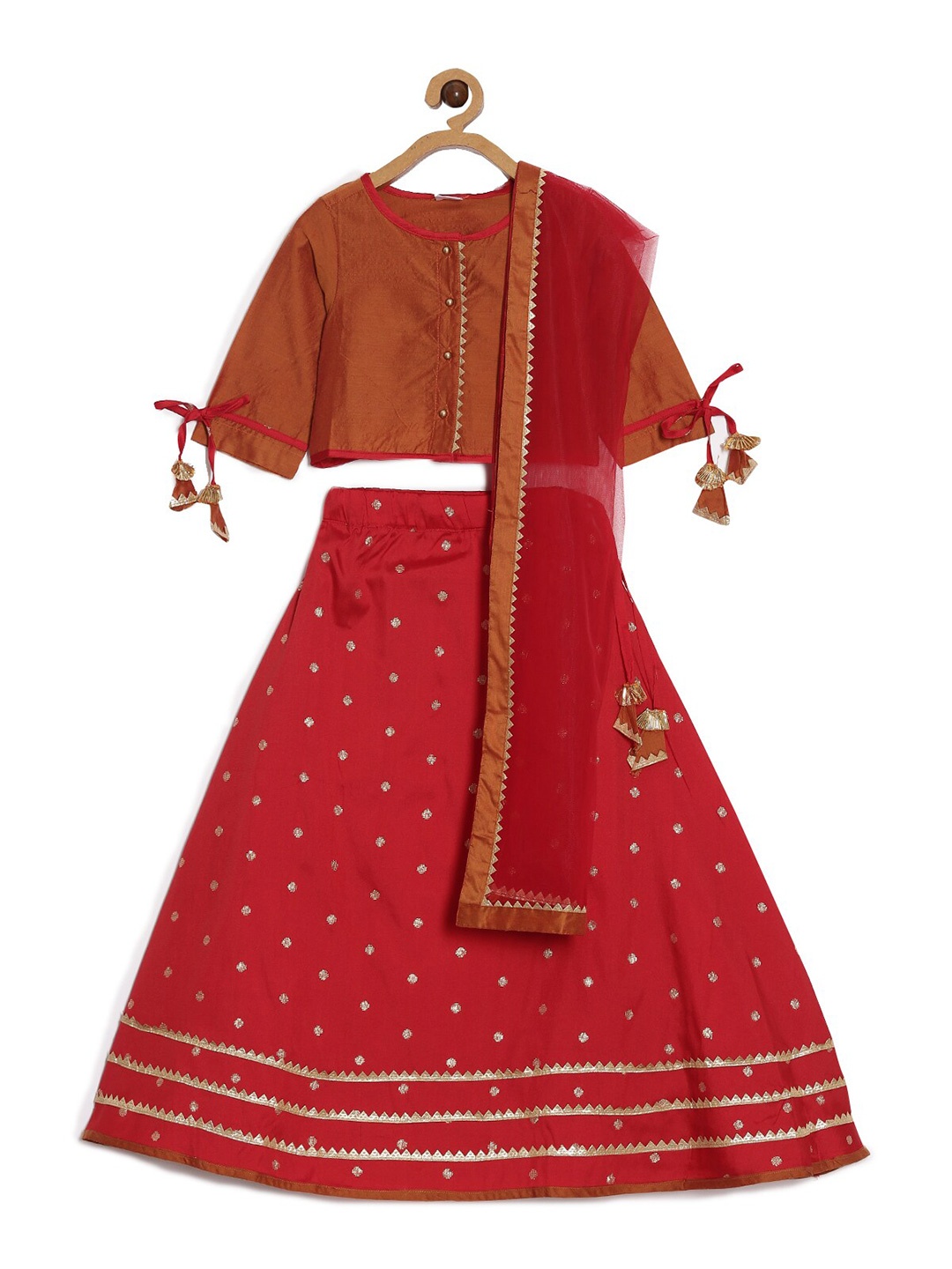 

Aomi Girls Maroon & Brown Printed Ready to Wear Lehenga & Blouse With Dupatta