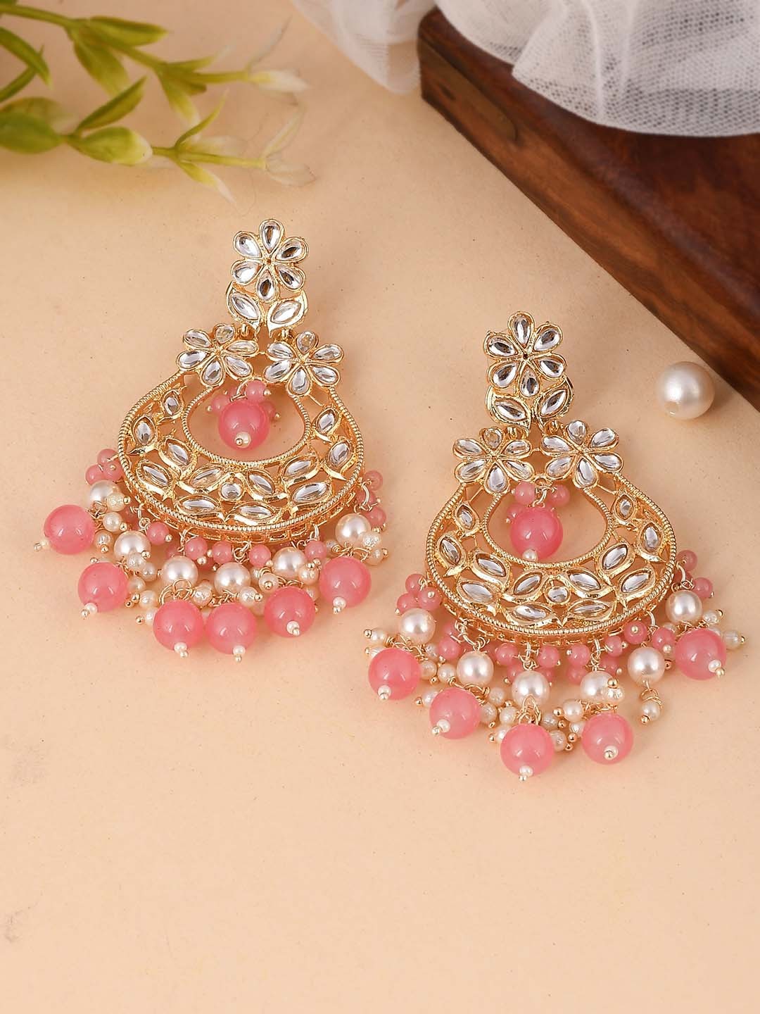 

AQUASTREET JEWELS Gold Plated Geometric Chandbalis Earrings, Pink