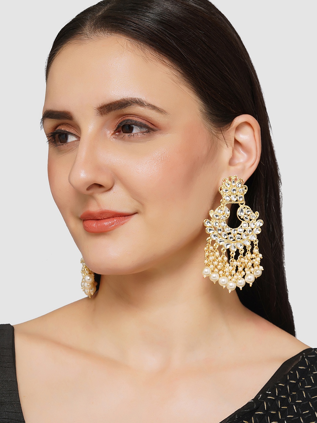 

AQUASTREET JEWELS Gold Plated Kundan & Pearl Geometric Chandbalis Earrings, White