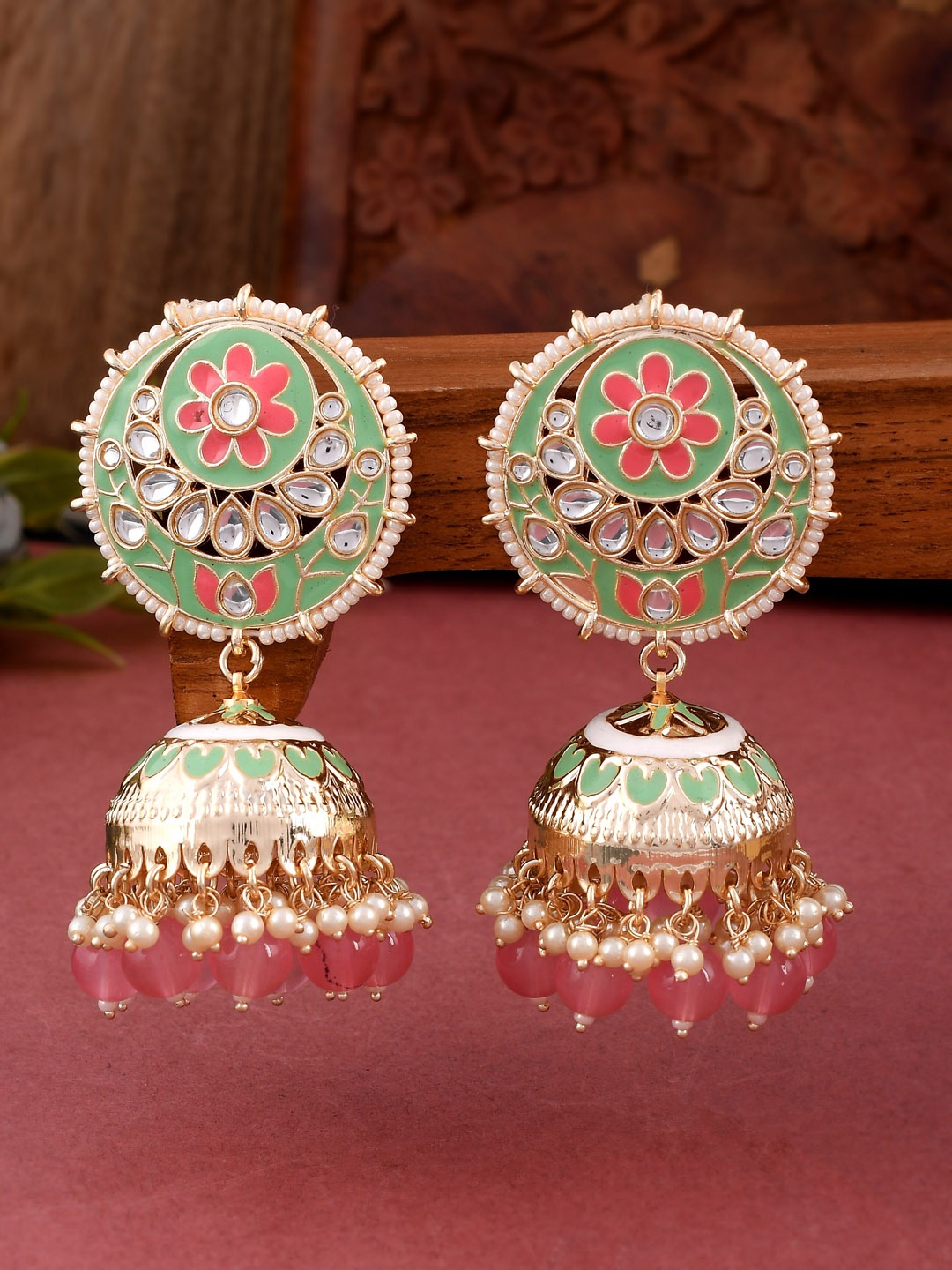 

AQUASTREET JEWELS Gold-Plated Dome Shaped Jhumkas Earrings, Green