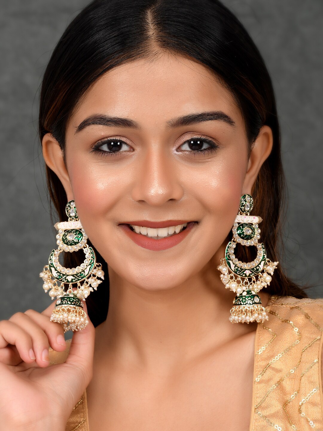 

AQUASTREET JEWELS Gold plated Crescent Shaped Jhumkas Earrings, Green