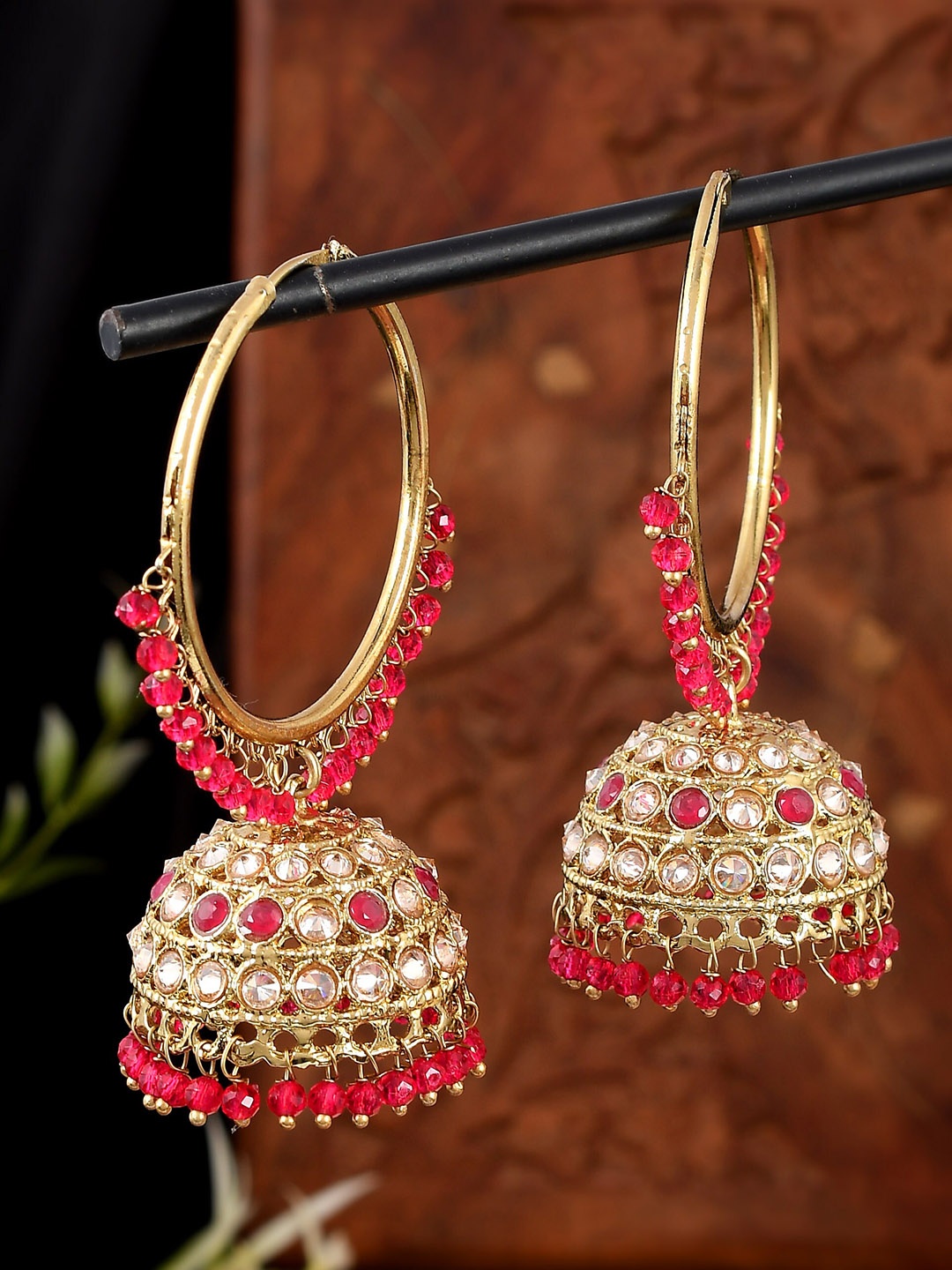 

AQUASTREET JEWELS Gold plated AD Balis Dome Shaped Jhumkas Earrings, Red