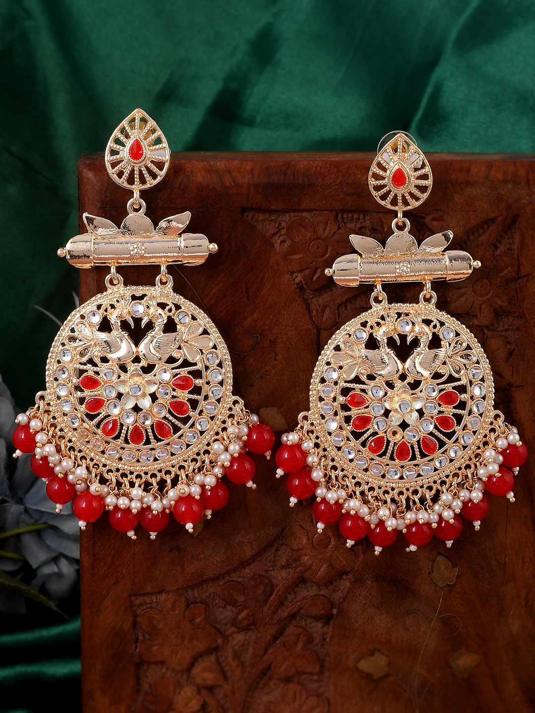 

AQUASTREET JEWELS Gold plated oversized Geometric Chandbalis Earrings, Red