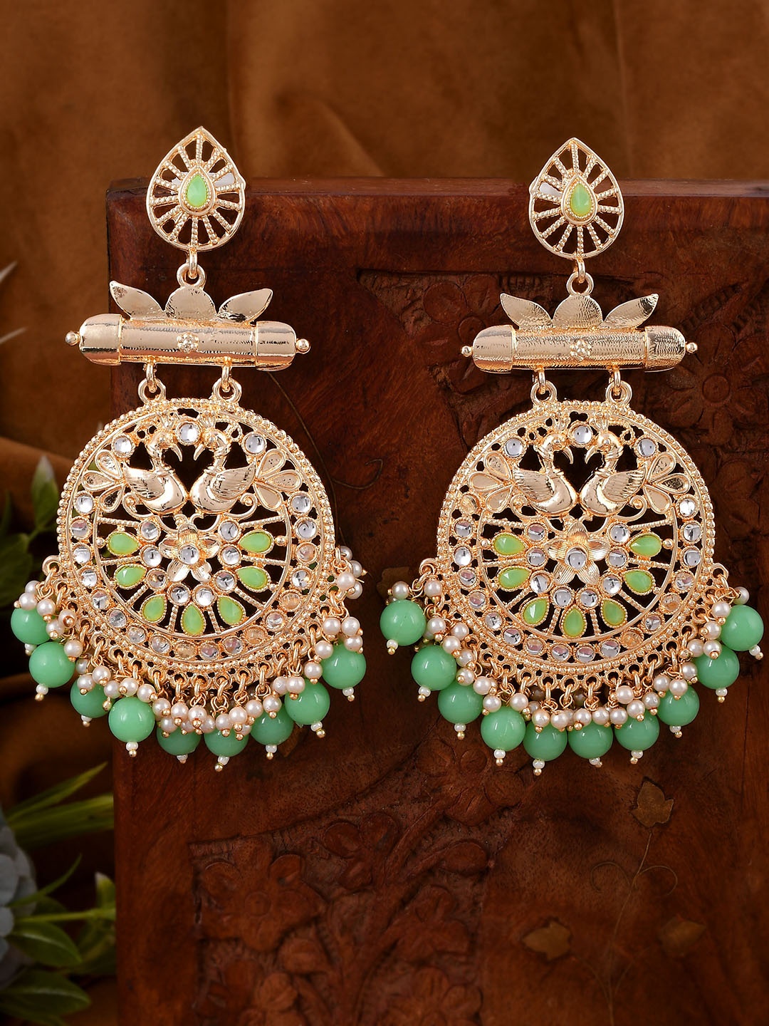 

AQUASTREET Gold plated Geometric Chandbalis Earrings, Green