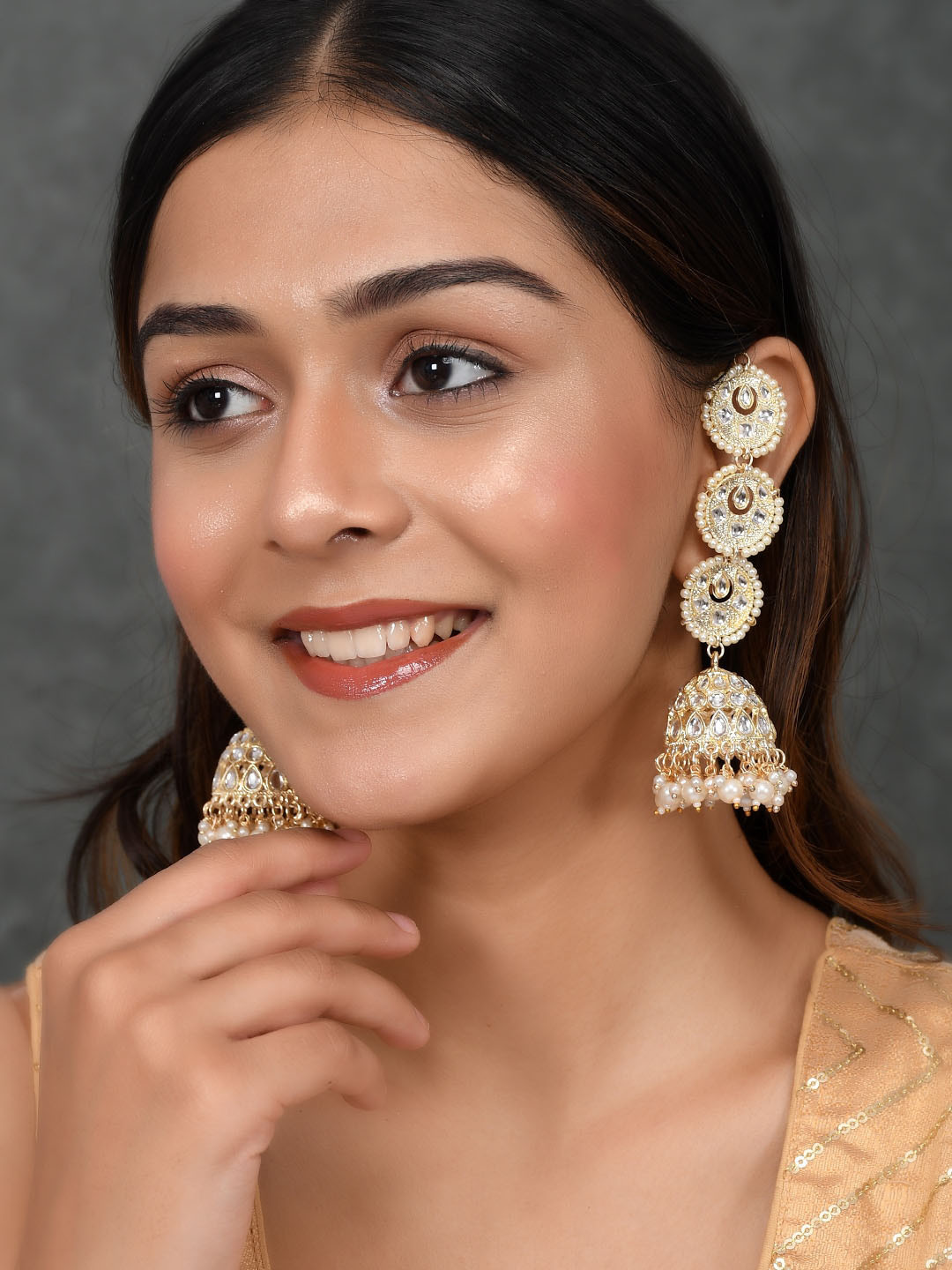 

AQUASTREET JEWELS Gold Plated Circular Jhumkas Earrings, White