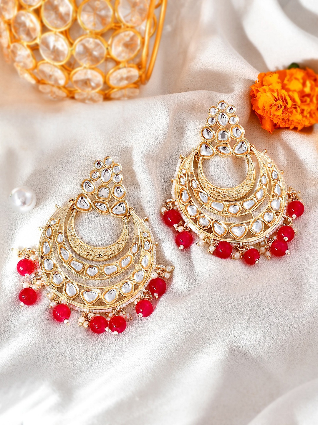

AQUASTREET JEWELS Gold-Plated Crescent Shaped Chandbalis Earrings, Red