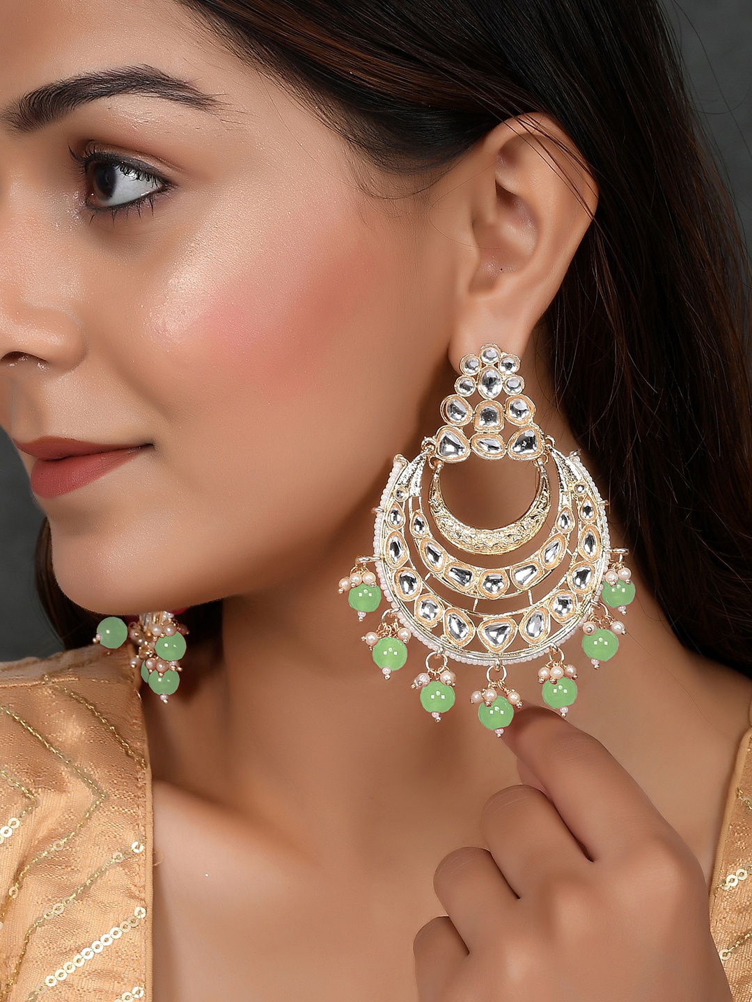 

AQUASTREET JEWELS Gold-Plated Crescent Shaped Chandbalis Earrings, Green
