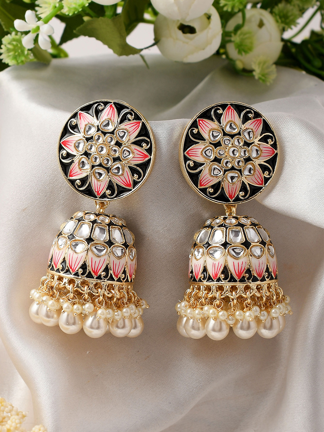 

AQUASTREET JEWELS Gold Plated Floral Jhumkas Earrings, Black
