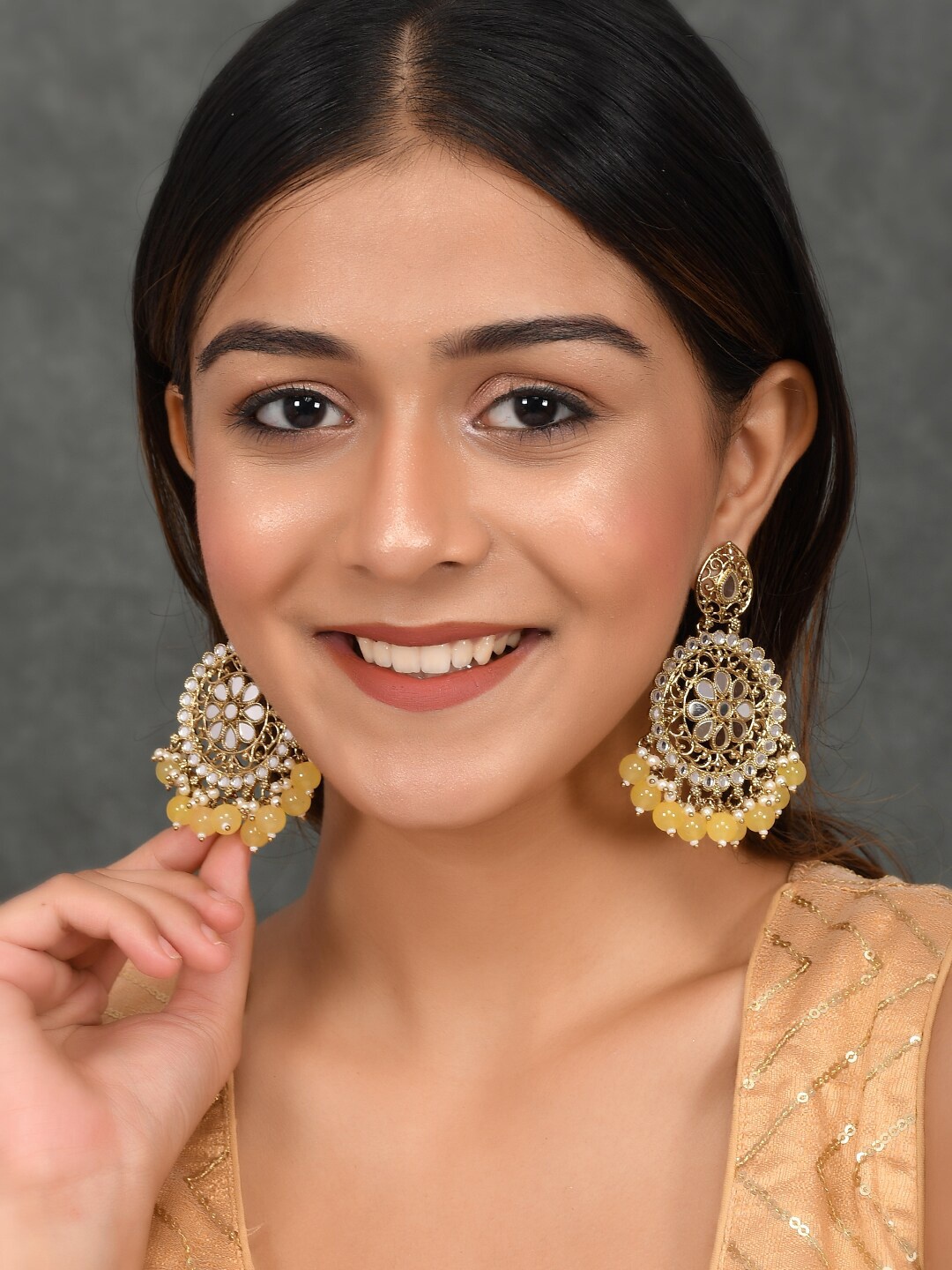 

AQUASTREET JEWELS Gold plated Mirror stones Geometric Drop Earrings, Yellow