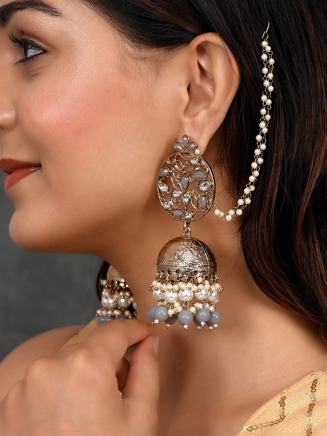 

AQUASTREET JEWELS Gold Plated Dome Shaped Jhumkas Earrings, Grey