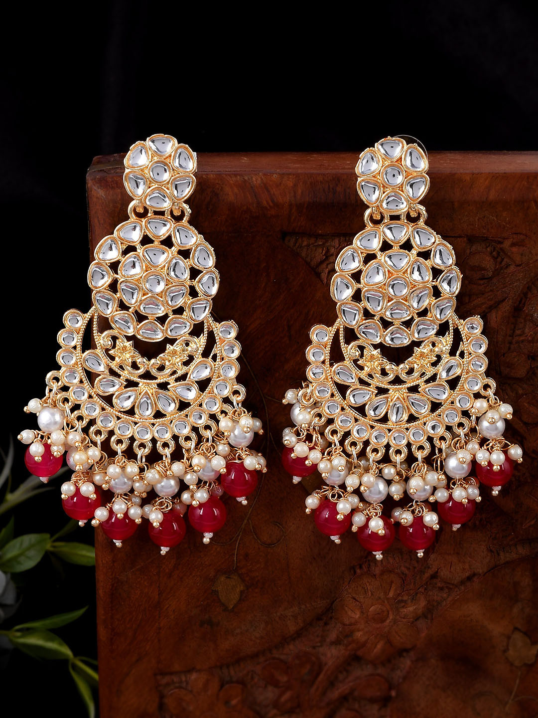 

AQUASTREET JEWELS Gold Plated Kundan stones Crescent Shaped Chandbalis Earrings, Red