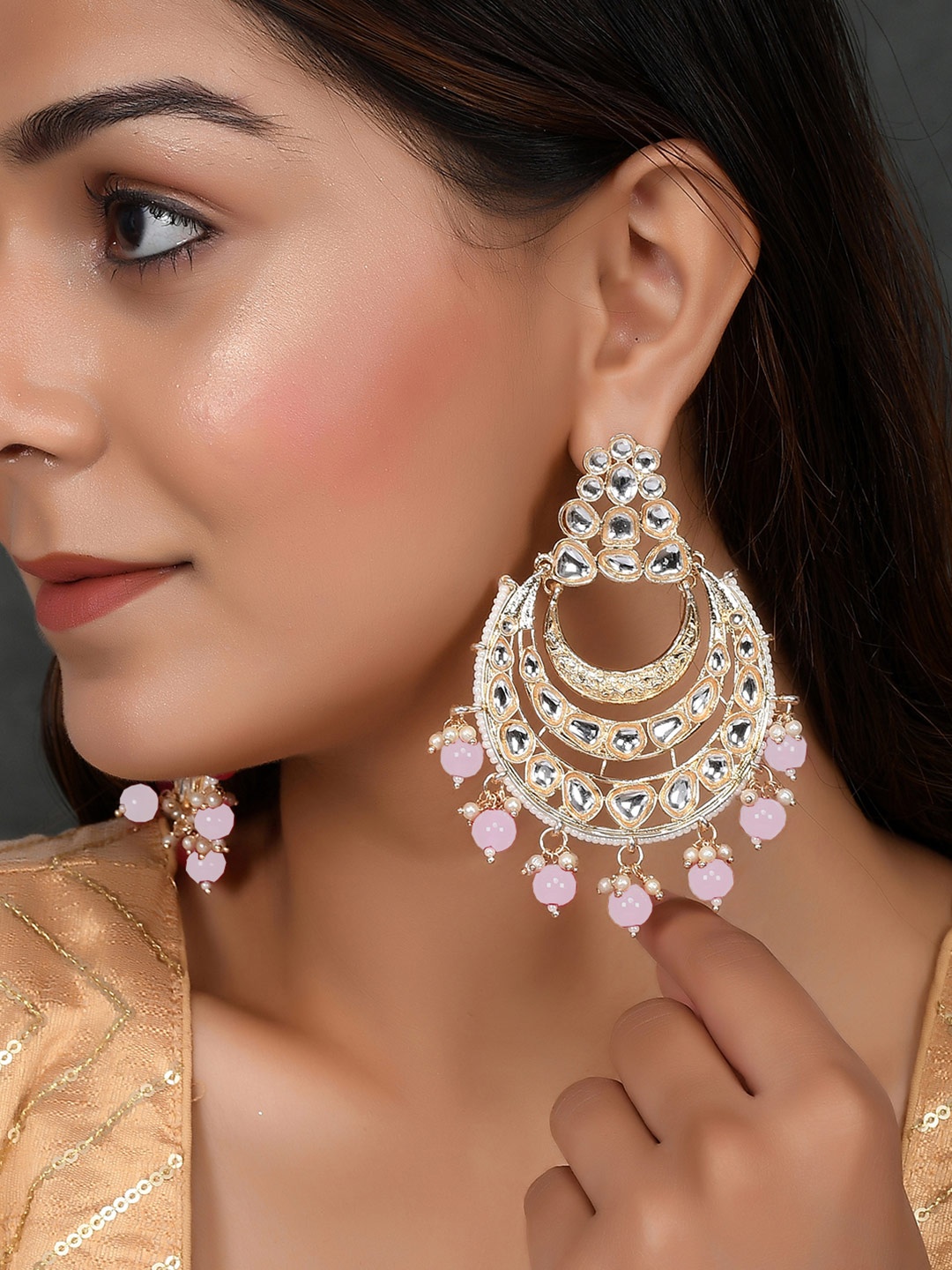 

AQUASTREET JEWELS Gold-Plated Kundan stones Crescent Shaped Chandbalis Earrings, Pink