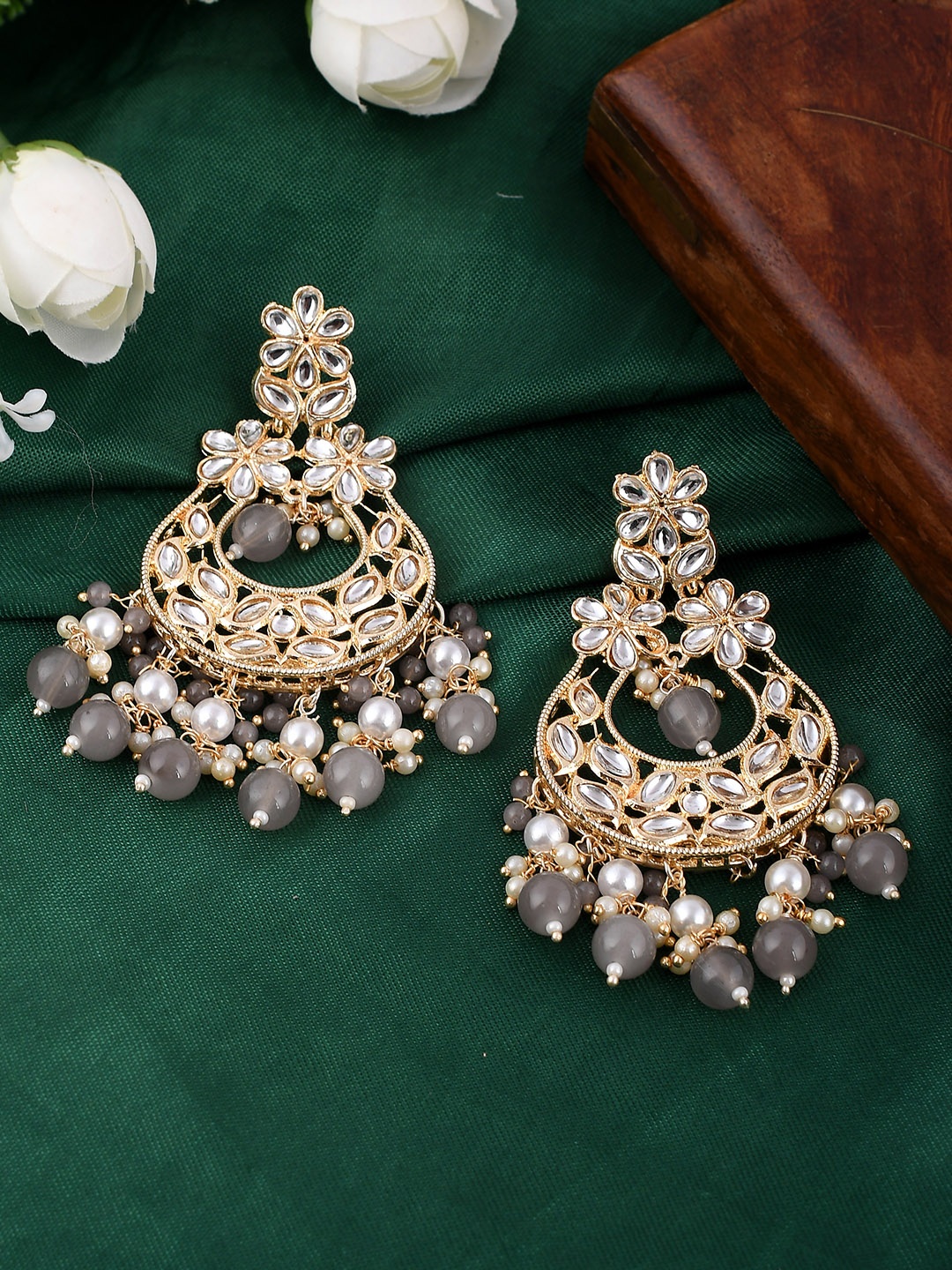 AQUASTREET JEWELS Gold-Plated Crescent Shaped Chandbalis Earrings, Grey
