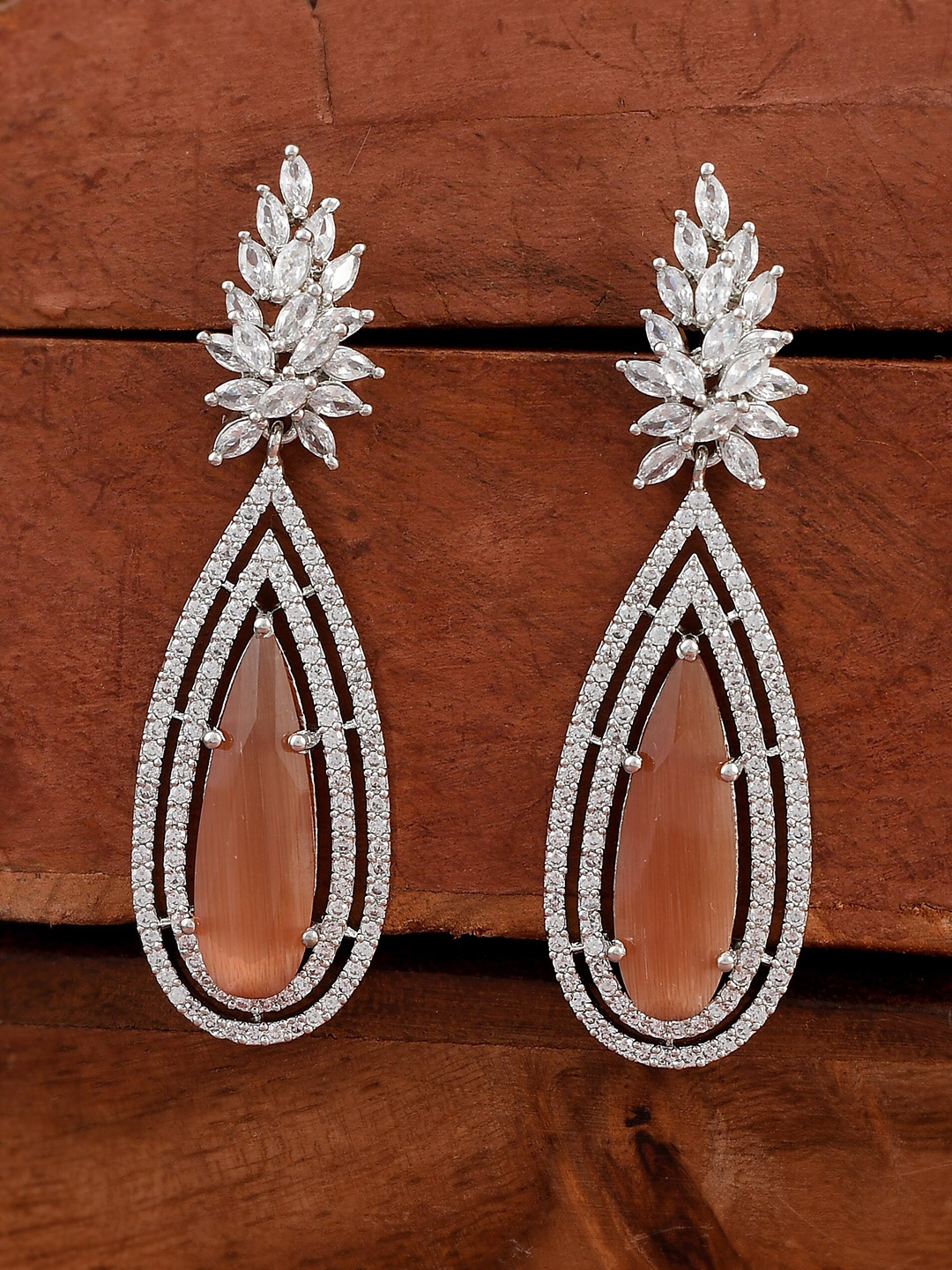 

AQUASTREET JEWELS Silver Plated American Diamond Studded Brown Teardrop Earrings