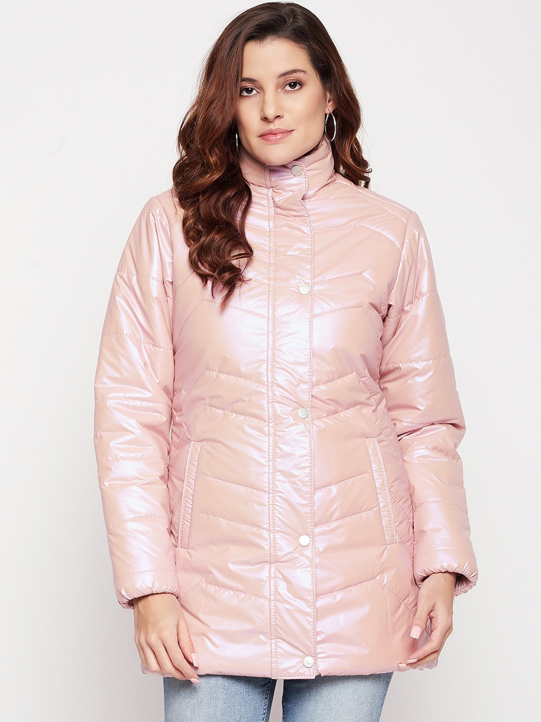 

Spirit Women Pink Geometric Windcheater Longline Padded Jacket