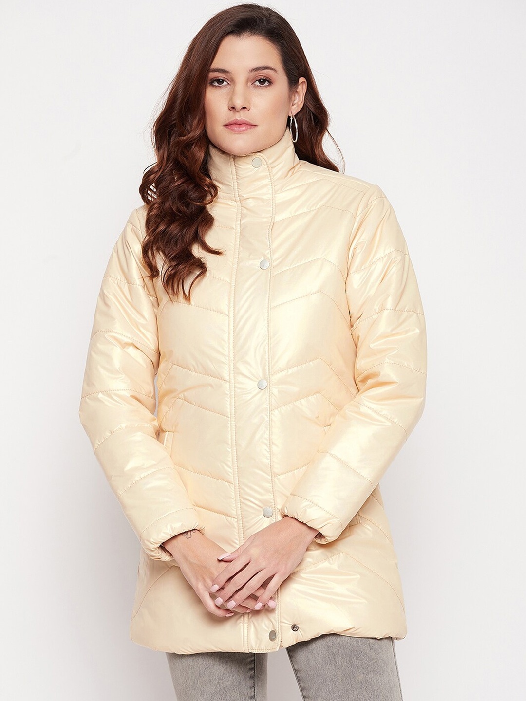 

Spirit Women Cream Solid Windcheater Stand Collar Long Sleeves Longline Puffer Jacket
