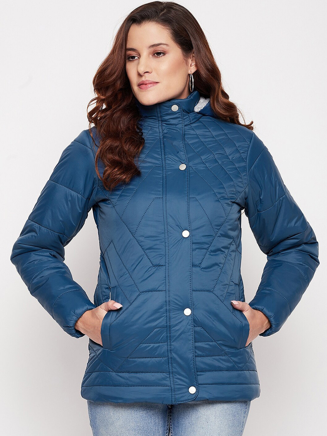 

Spirit Women Blue Windcheater Hooded Long Sleeves Longline Bomber Jacket