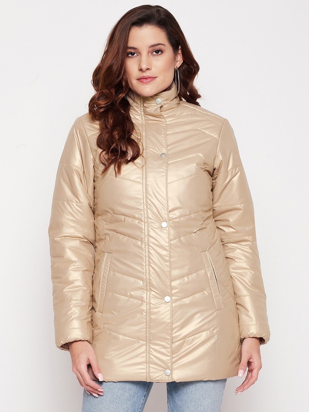 

Spirit Women Camel Brown Solid Windcheater Stand Collar Longline Padded Jacket