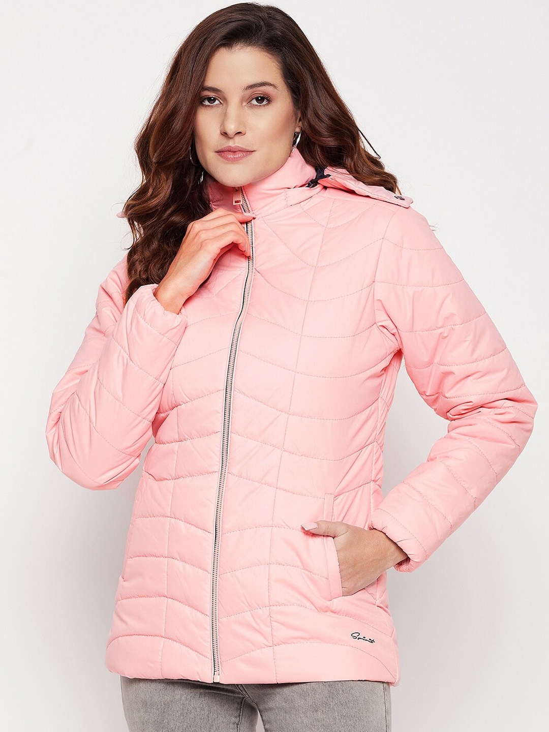 

Spirit Women Pink Solid Windcheater Hooded Long Sleeves Longline Puffer Jacket