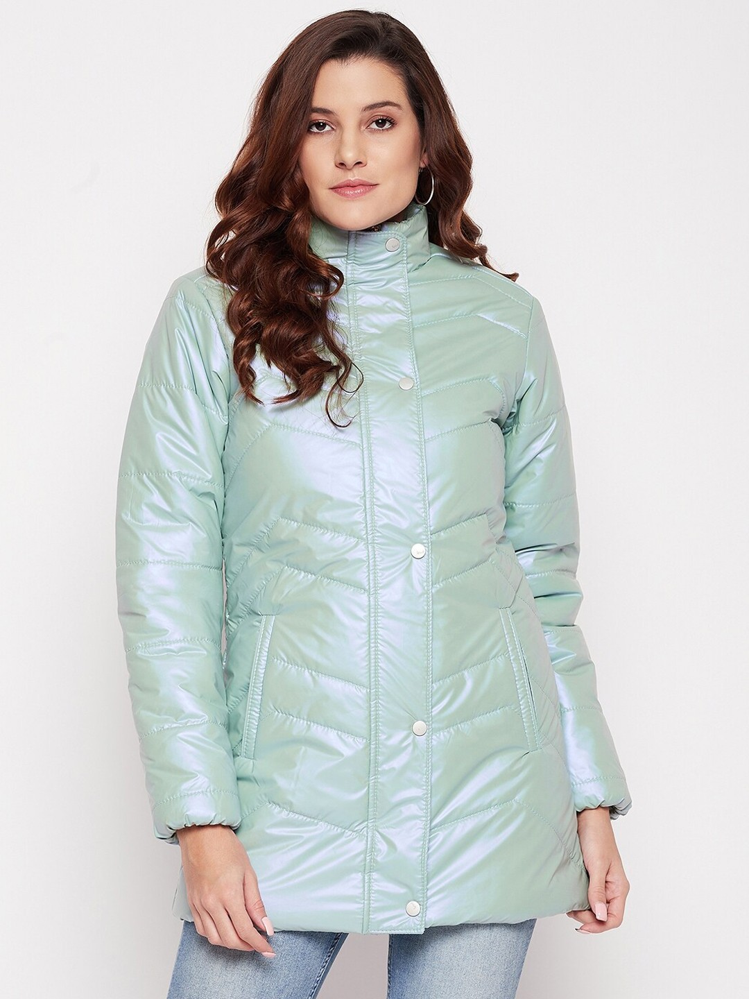 

Spirit Women Sea Green Solid Windcheater Stand Collar Long Sleeves Longline Puffer Jacket