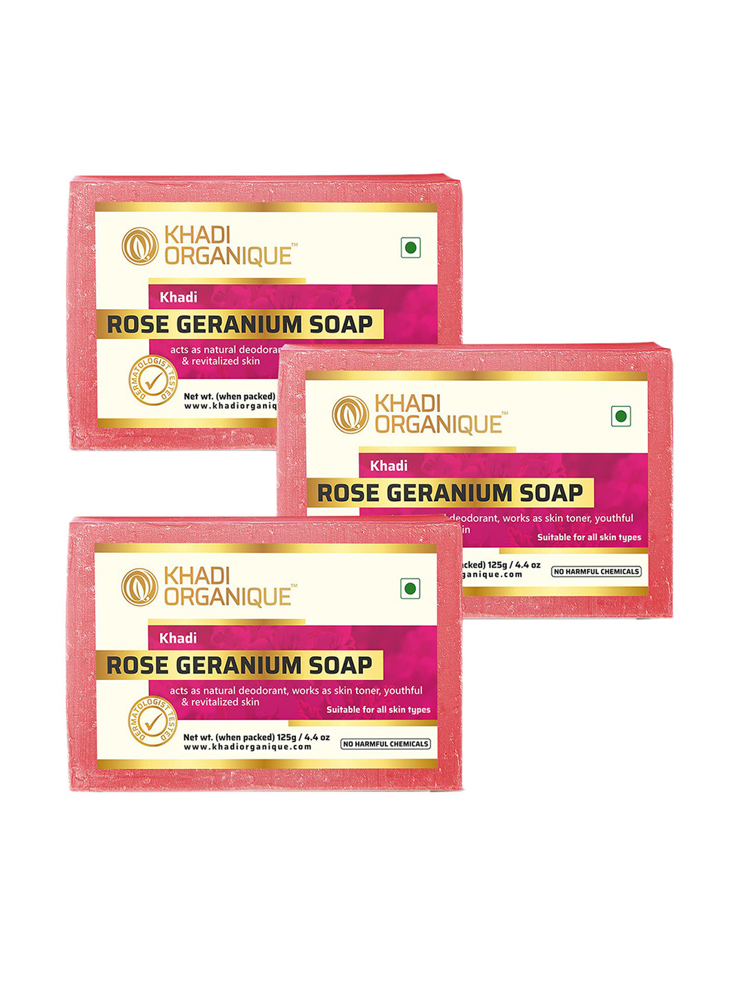 

Khadi Organique Pack Of 3 Khadi Rose Geranium Soaps 375g, Pink