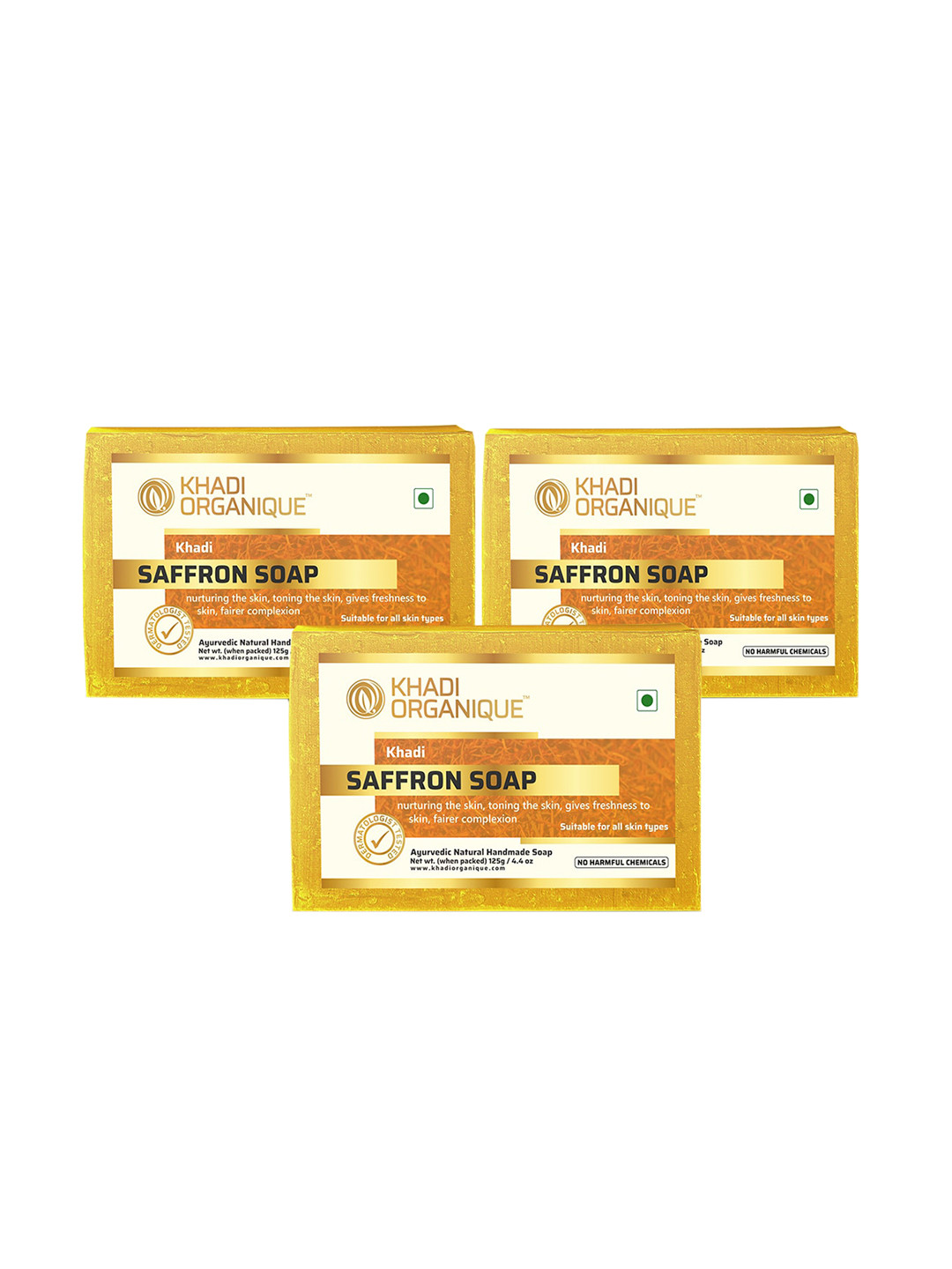 

Khadi Organique Pack Of 3 Khadi Saffron Handmade Soaps 375 g, Transparent