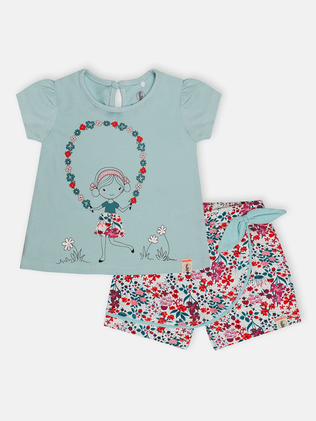 

Babysafe Girls Turquoise Blue & Red Printed Pure Cotton T-shirt with Shorts Set