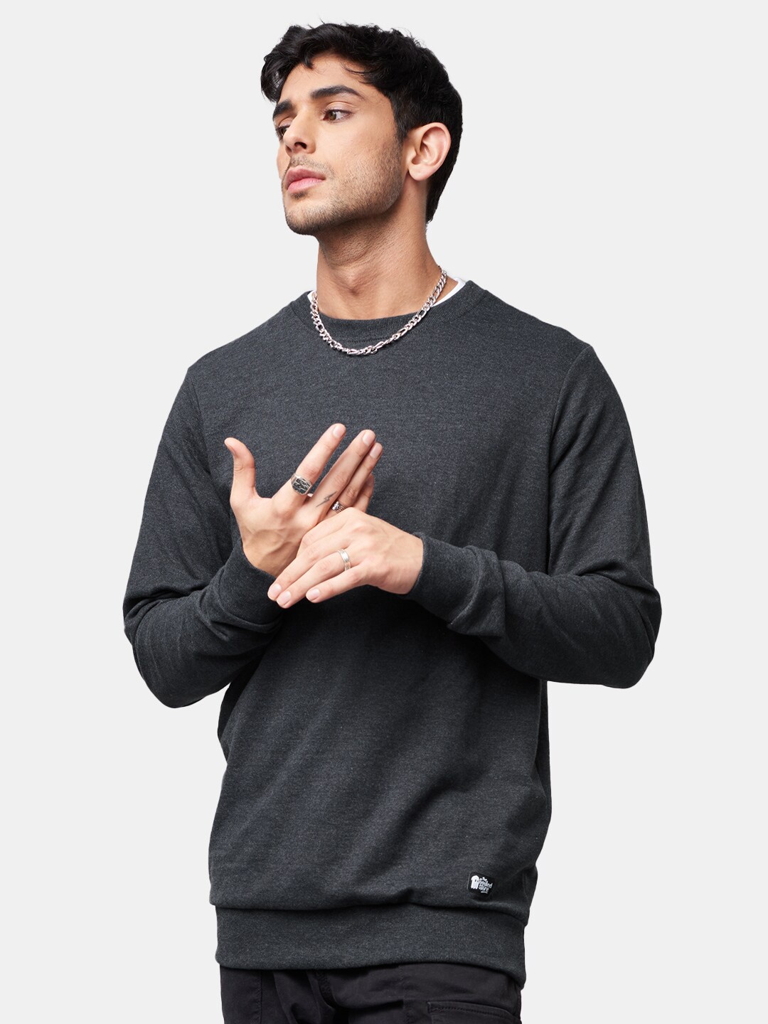 

The Souled Store Men Pure Cotton Anthra Melange Solid Sweatshirt, Charcoal