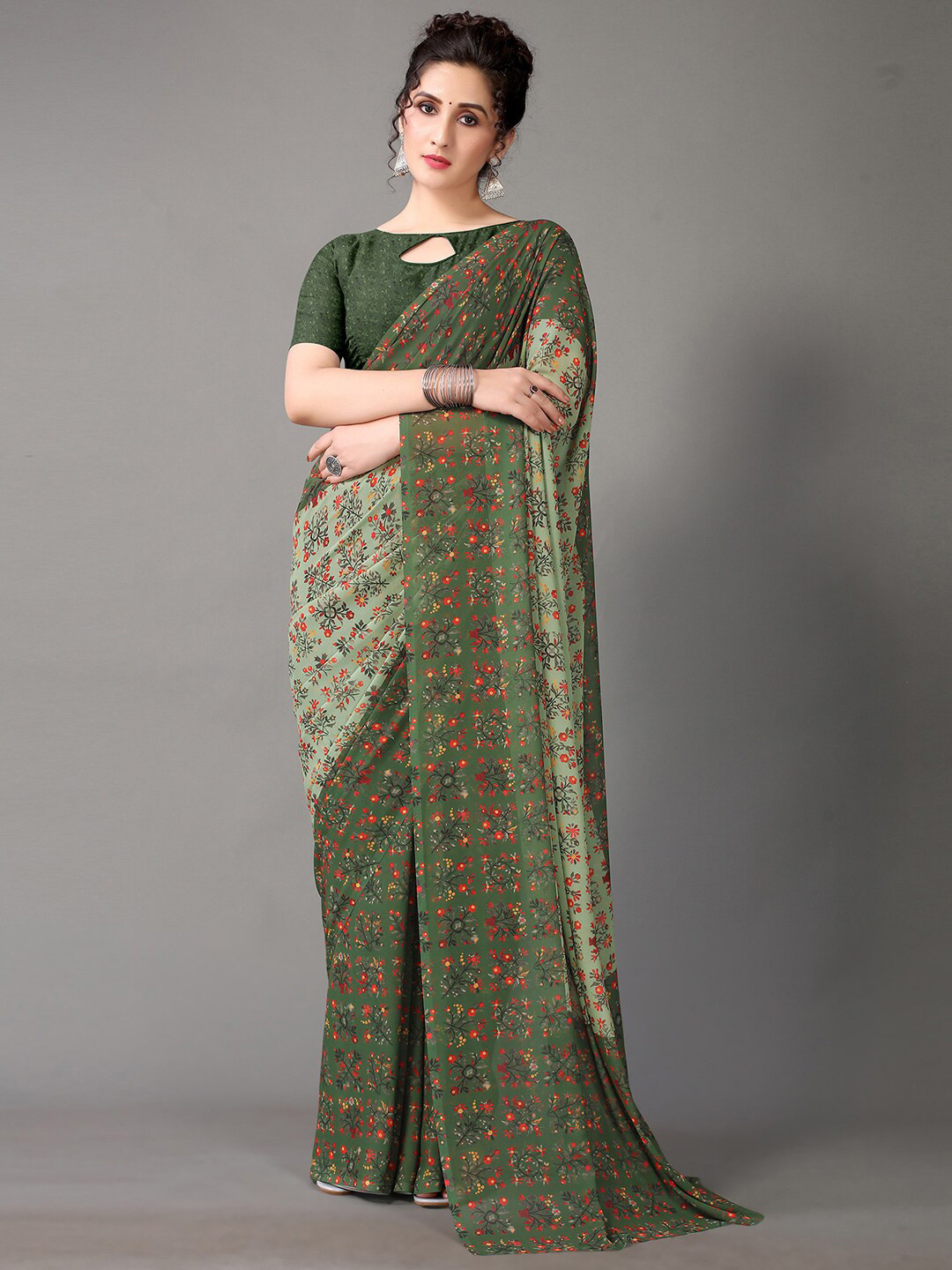 

HRITIKA Green & Red Floral Pure Georgette Saree