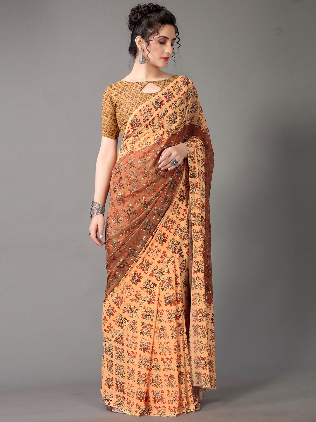 

HRITIKA Cream-Coloured & Brown Floral Pure Georgette Saree