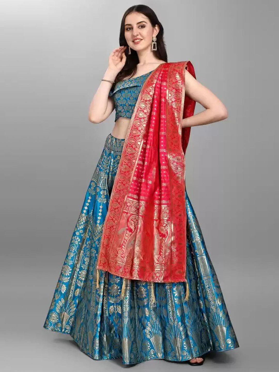 

Ethnic Yard Blue & Red Semi-Stitched Lehenga & Unstitched Blouse With Dupatta