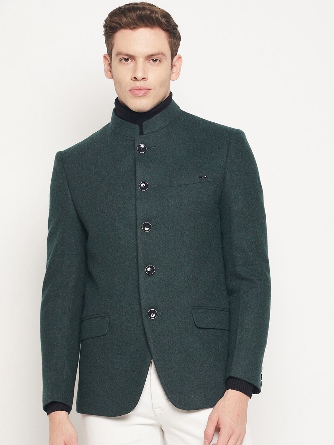 

Spirit Men Olive-Green Colored Solid Bandhgala Pure Wool Formal Blazers