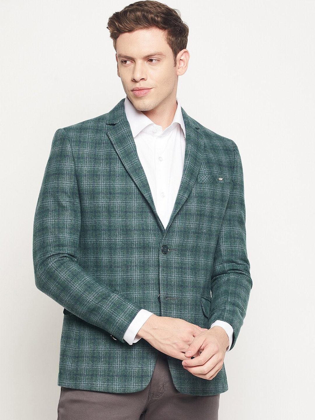 Spirit Men Olive Checked Single-Breasted Tailored Fit Blazers