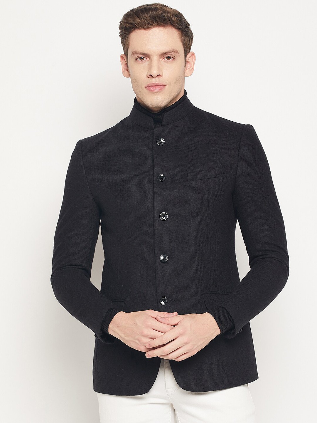 

Spirit Men Black Solid Bandhgala Formal Blazers