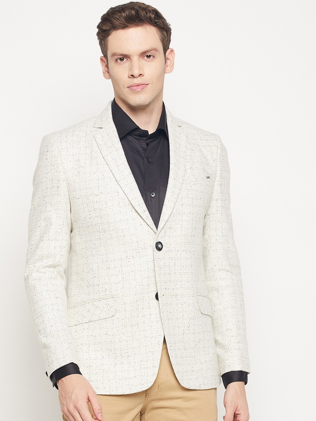 

Spirit Men Cream Colored Self Design Woolen Single Breasted Blazers