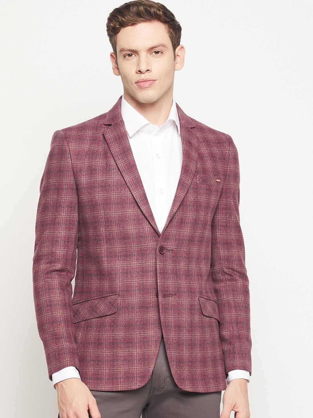 

Spirit Men Maroon Self-Design Single Breasted Formal Blazer