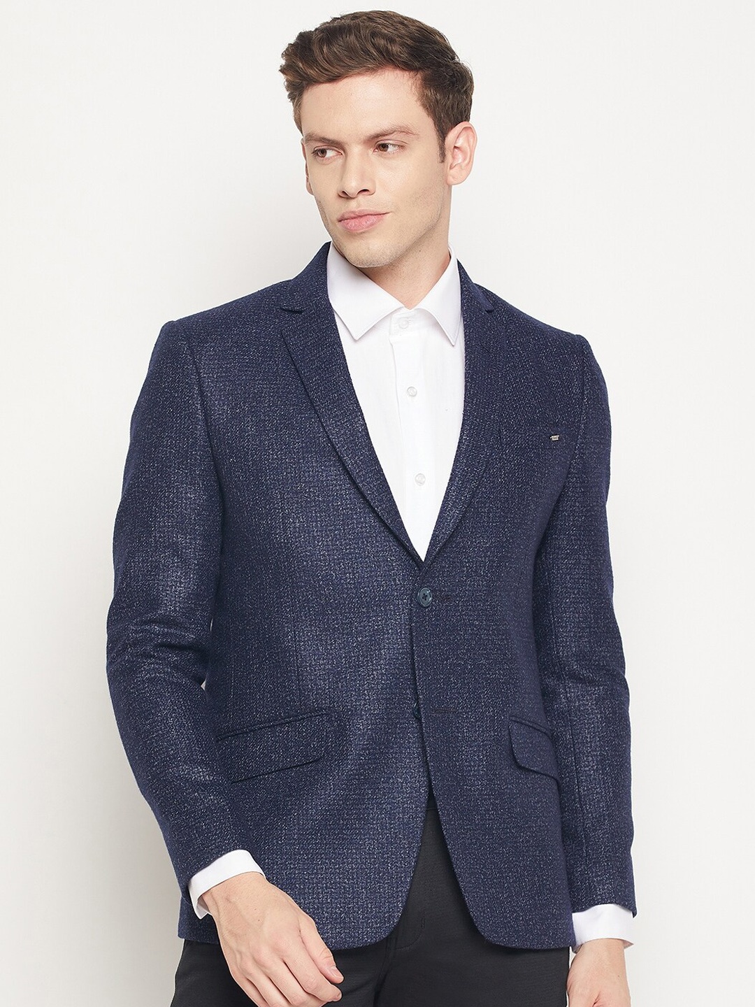 

Spirit Men Navy Blue Self Design Tailored-Fit Single Breasted Blazers