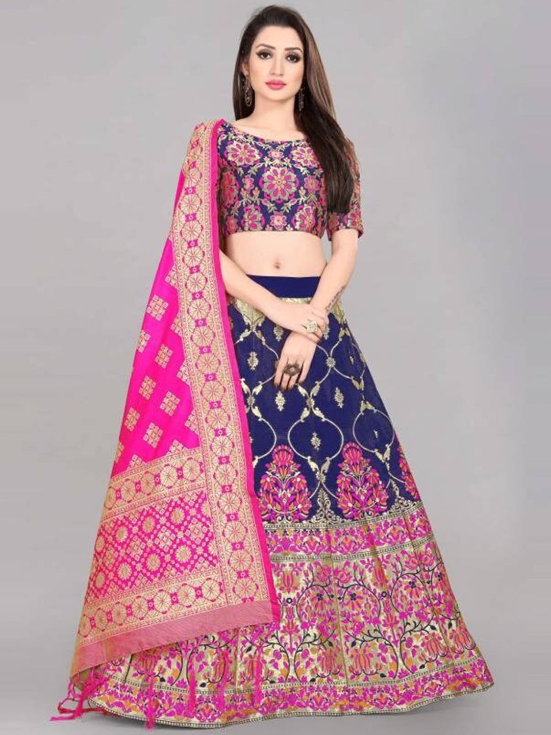 

YOYO Fashion Blue & Pink Printed Semi-Stitched Lehenga & Unstitched Blouse With Dupatta