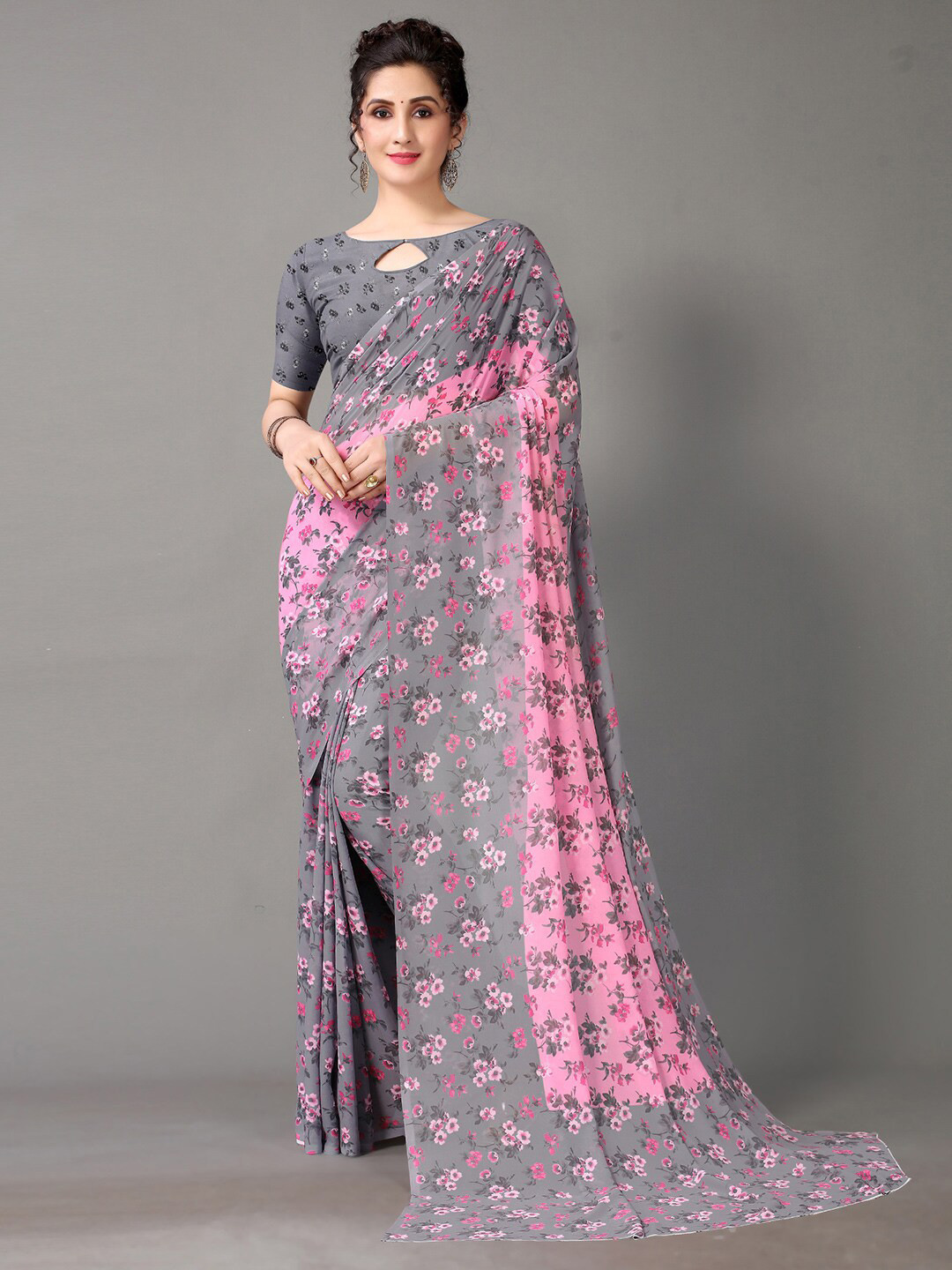 

HRITIKA Grey & Pink Floral Print Pure Georgette Saree