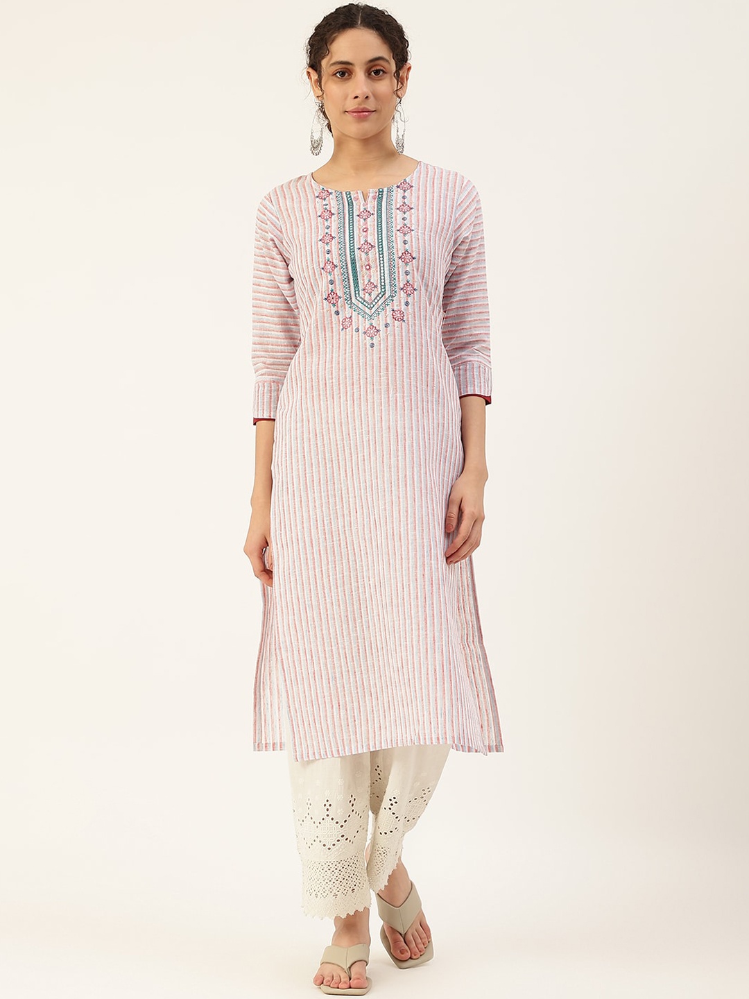 

VAABA Women White & Peach-Coloured Embroidered Thread Work Anarkali Kurta