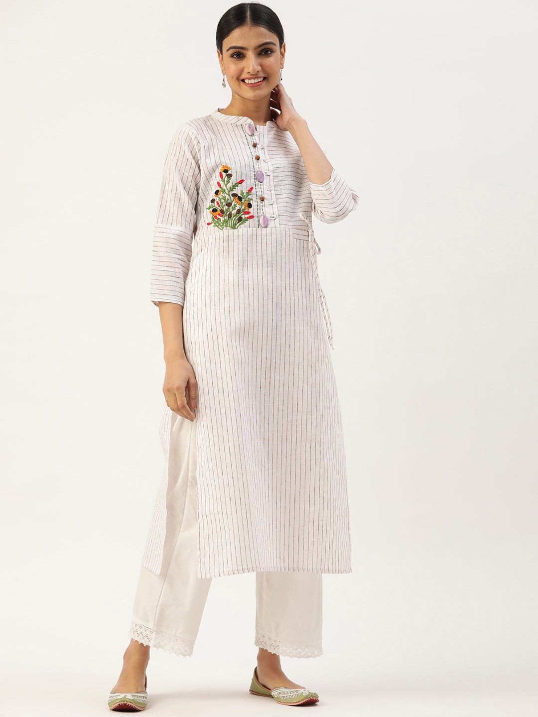 VAABA Women White Striped Thread Work Kurta