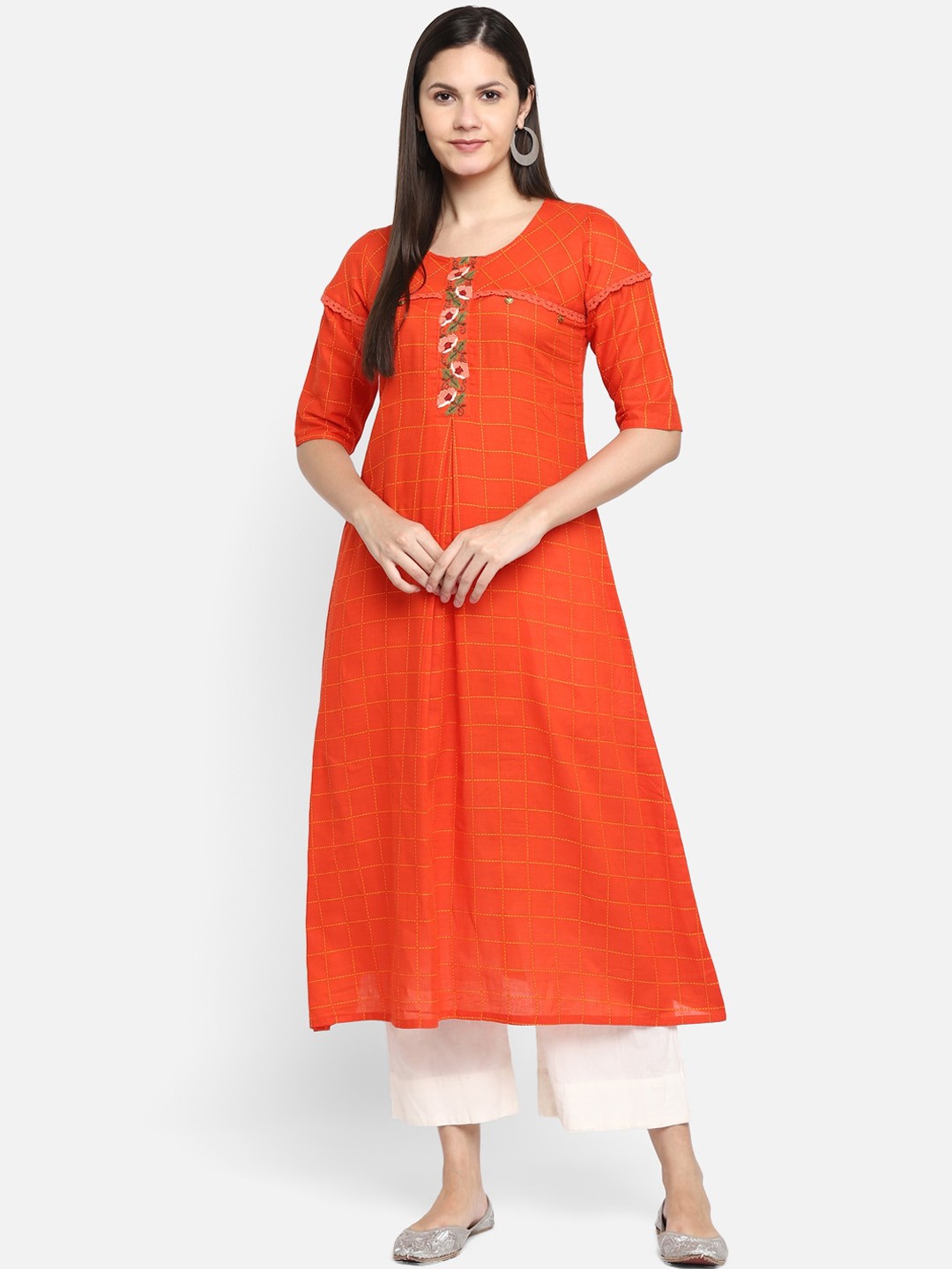 

VAABA Women Orange Embroidered Thread Work Cotton Kurta