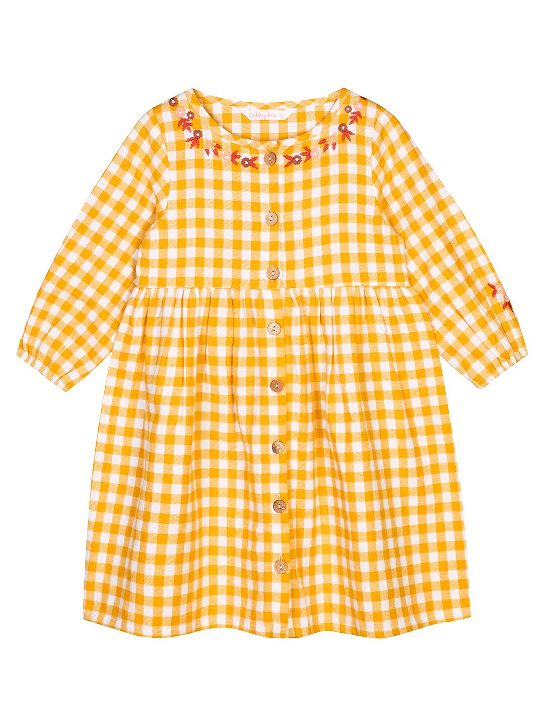 

Budding Bees Mustard Yellow Checked A-Line Dress
