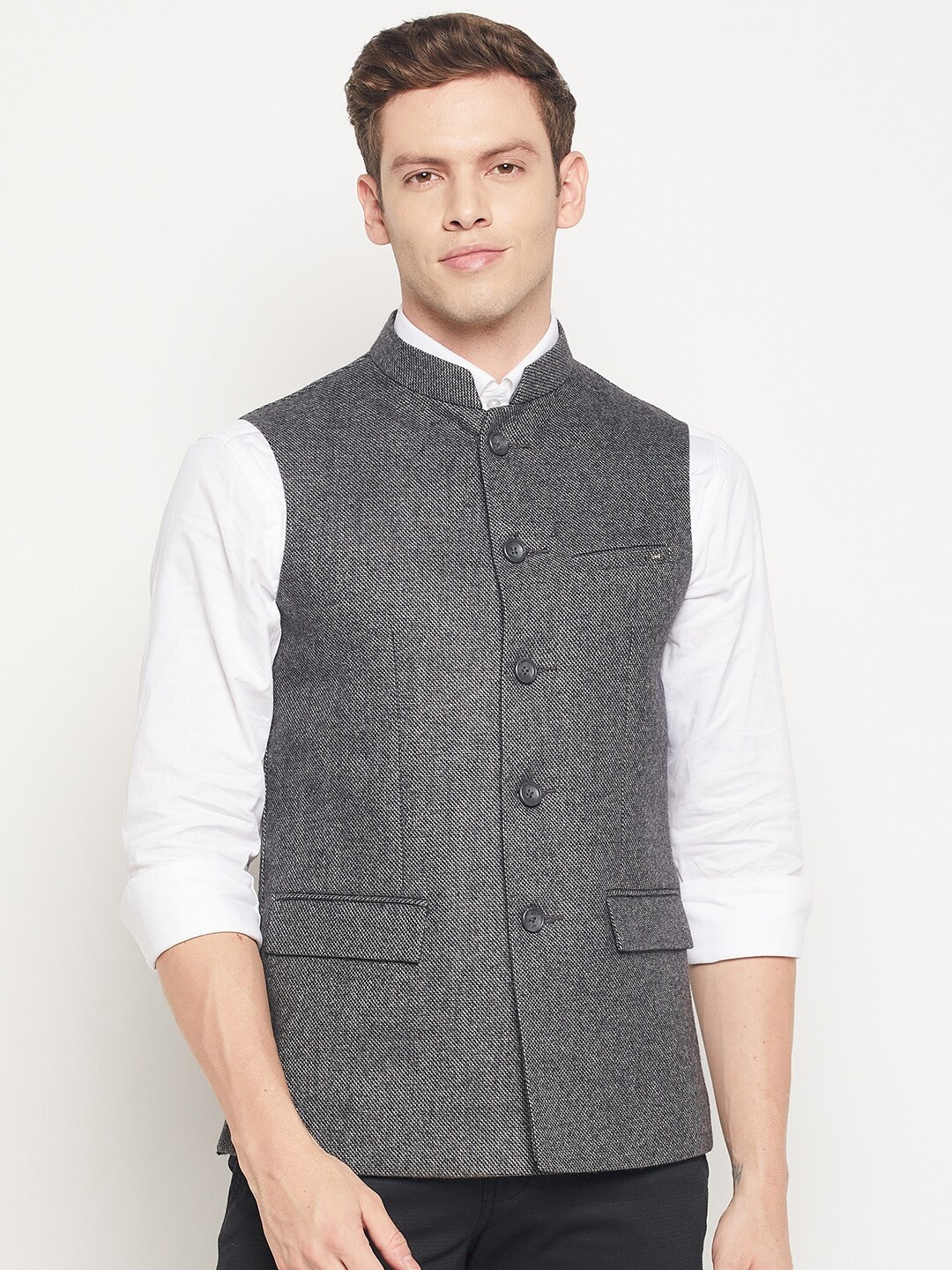 

Spirit Men Grey Self Design Woven Pure Wool Nehru Jacket