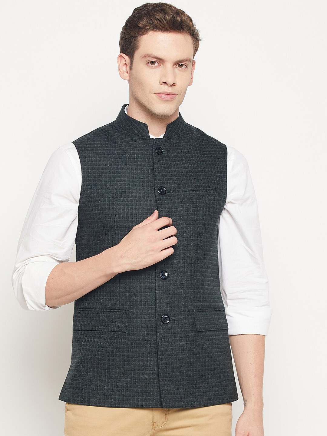 

Spirit Men Olive Green Checked Woolen Nehru Jackets