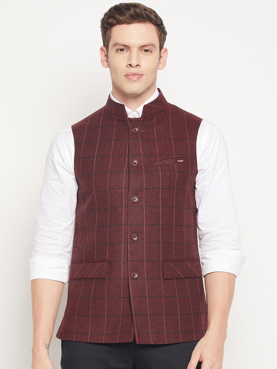 

Spirit Men Rust Checked Pure Wool Nehru Jackets