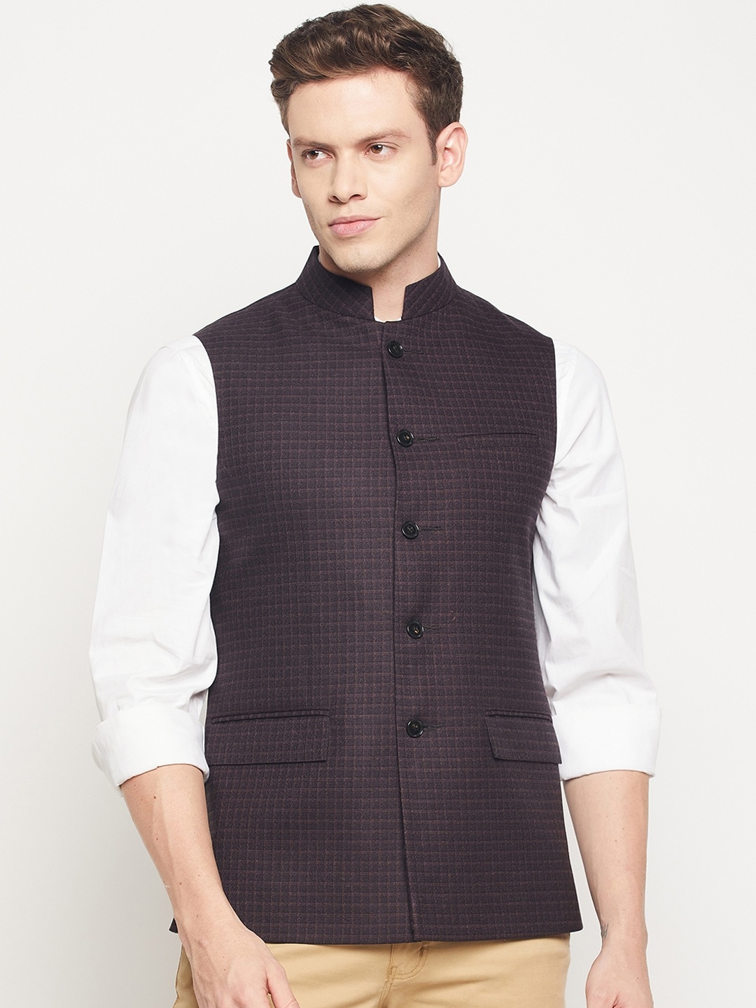 

Spirit Men Plus Size Burgundy Self Design Woven Pure Wool Nehru Jacket