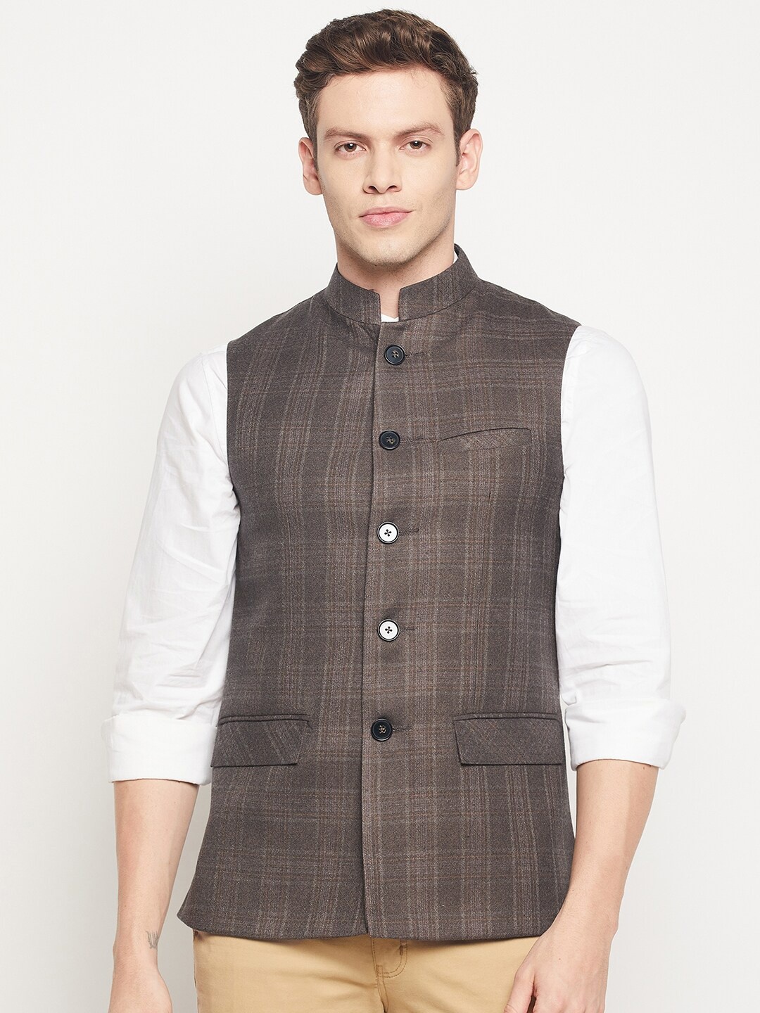 

Spirit Men Coffee Brown Checked Pure Woolen Nehru Jackets