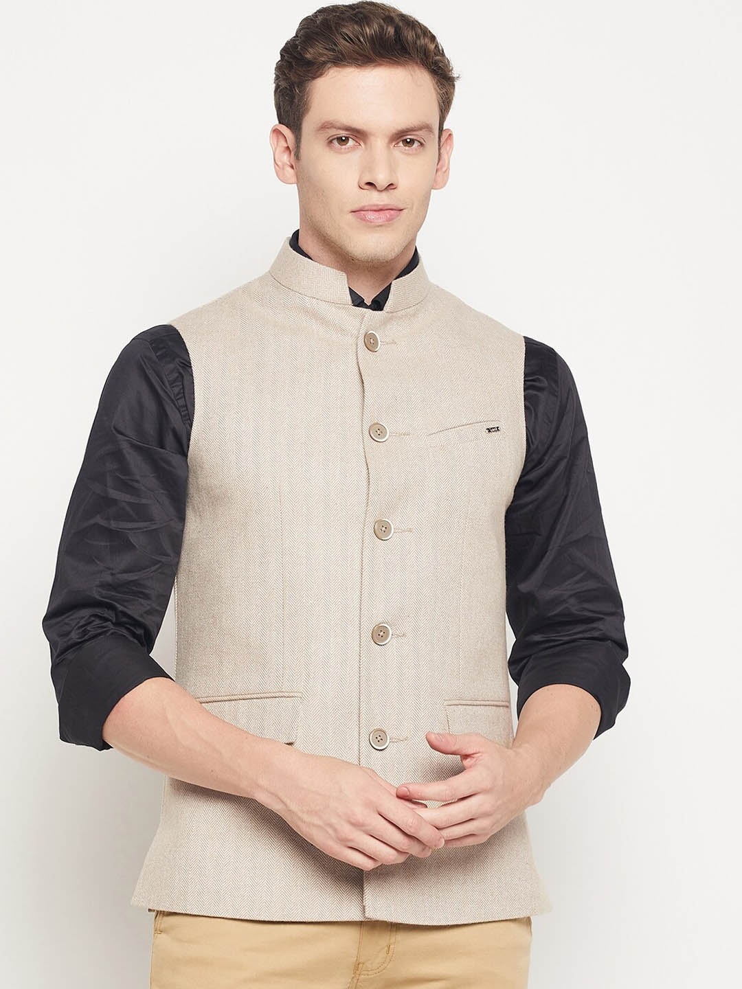 

Spirit Men Camel Brown Woven-Design Pure Wool Nehru Jackets