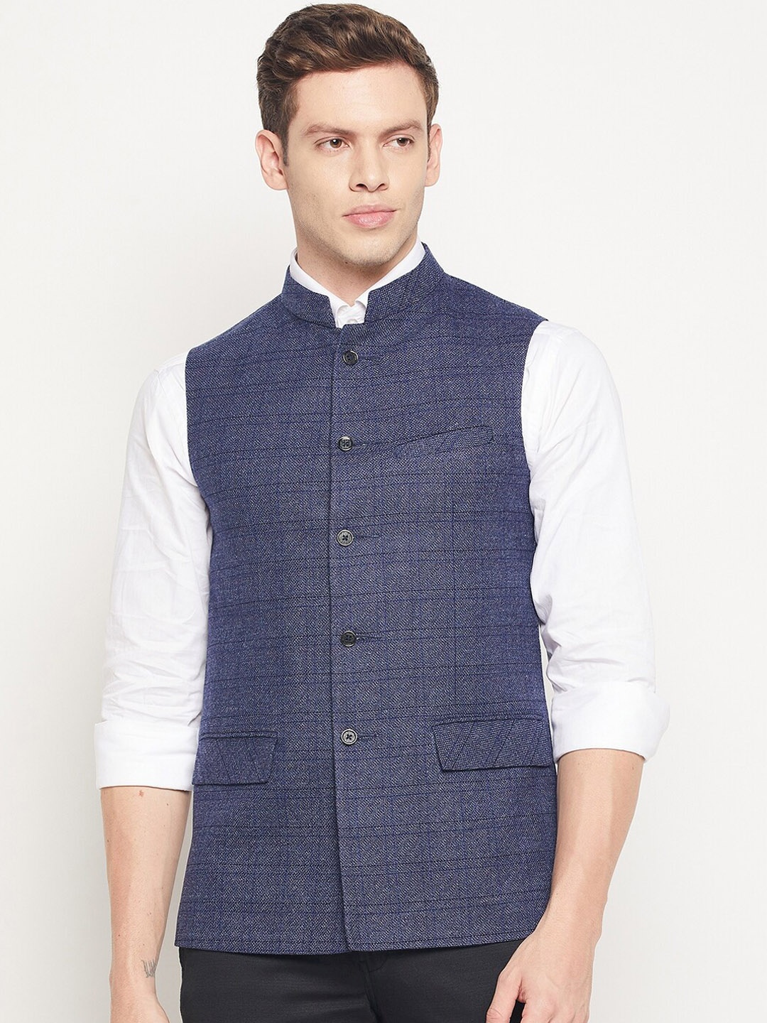 

Spirit Men Navy Blue Checked Pure Wool Nehru Jackets